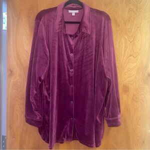 Woman Within Velvet Button-Up Shirt Long Sleeve Purple Burgundy Size 2X 26-28